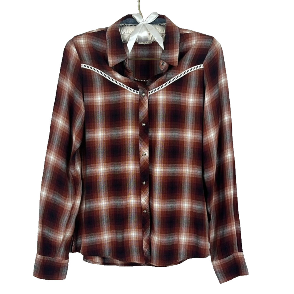 Shyanne Women's XS Dusty Red Plaid Long Sleeve Button Up Embroidered White Trim